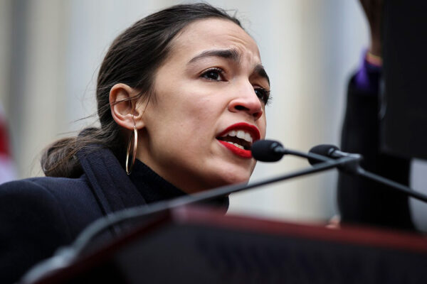 Representative Alexandria Ocasio-Cortez delivering a rousing speech at the 2019 Women's March in New York City.